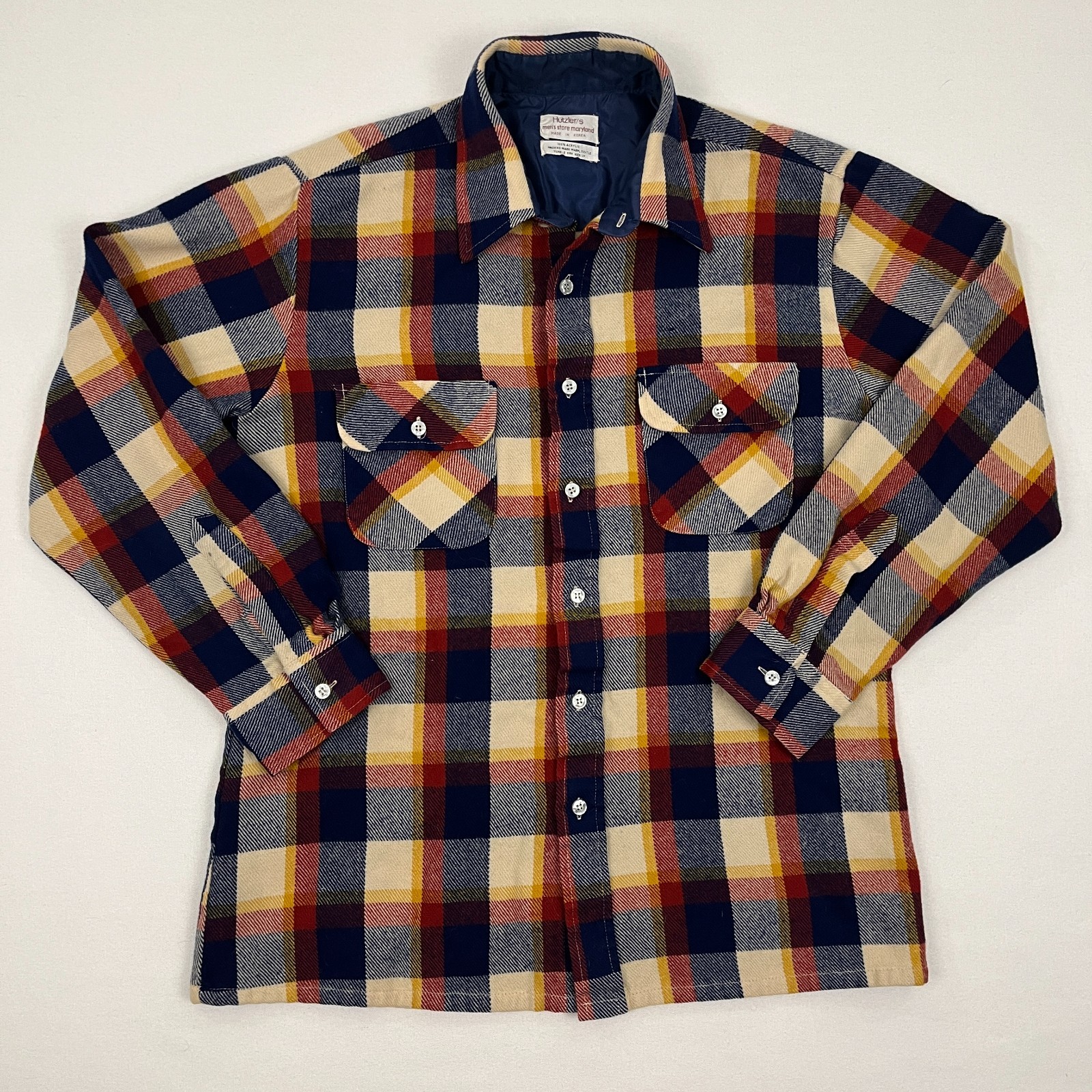 VTG 70s 80s Hutzlers Flannel Shirt Men M / L Plaid Acrylic Workwear Baltimore MD
