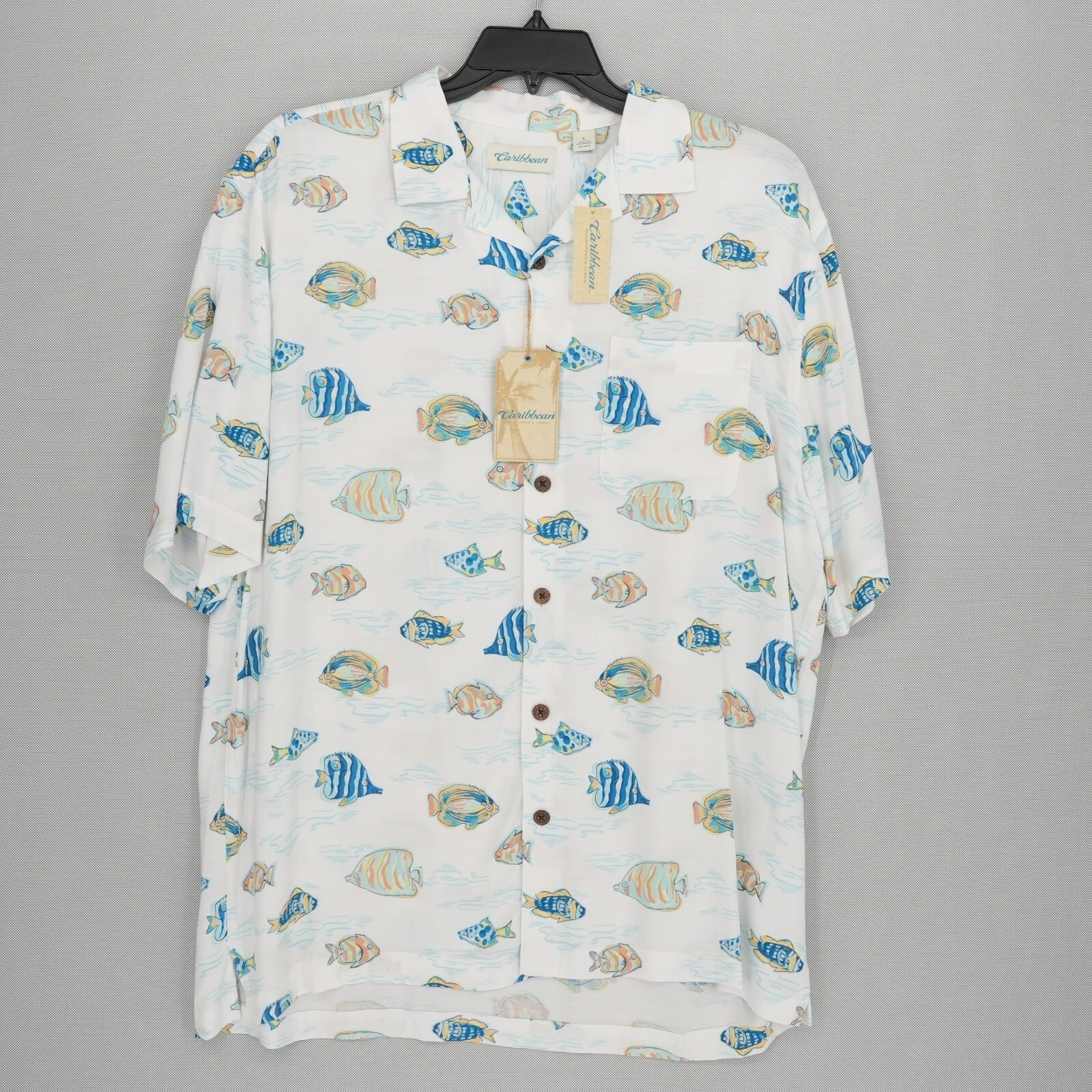 Roundtree Yorke Caribbean Short-Sleeve Shirt L White Blue Tropical Fish NWT