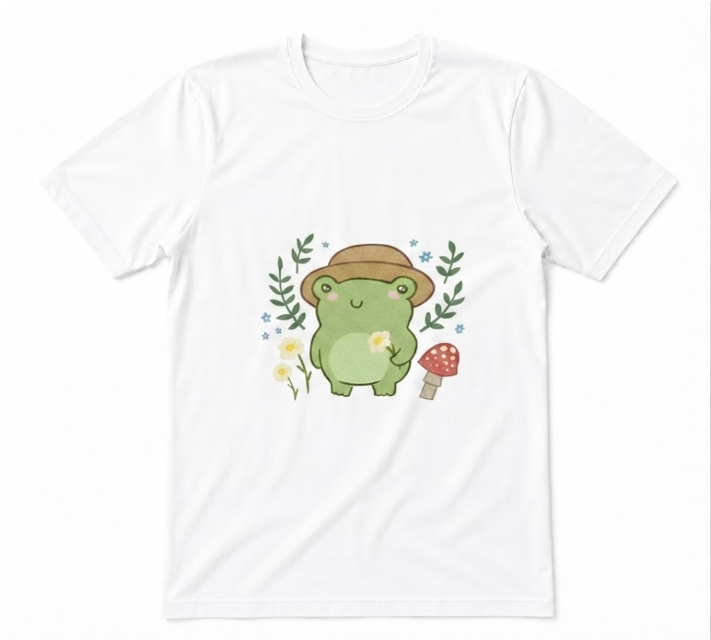 Cute Green Frog With Garden Hat Flower Blossoms White T-shirt