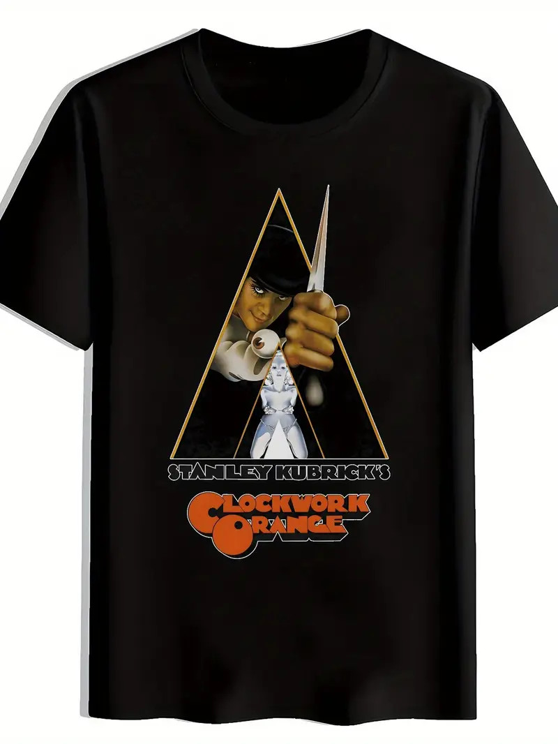 Men’s Black Graphic Print T-Shirt – Clockwork Orange Movie Design with Bold Post