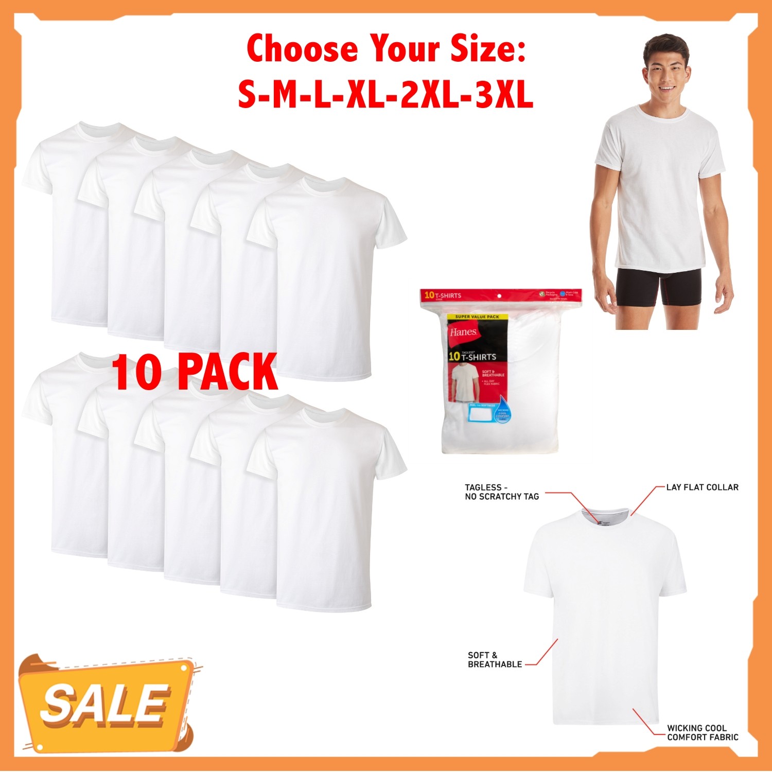 10 Pack Hanes Men’s Super Value Pack White Crew T-Shirt Undershirts, Comfortable