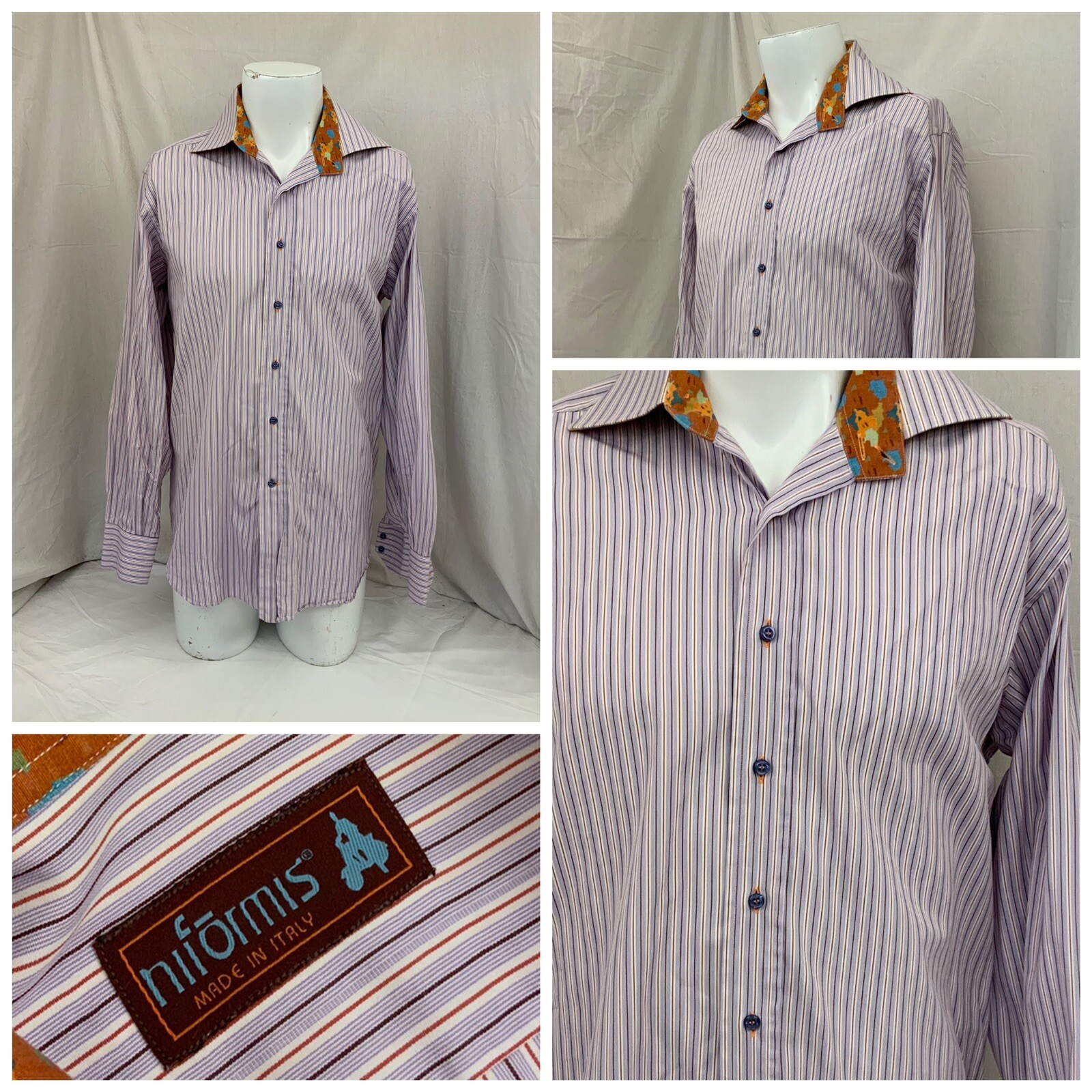 Niformis Flip Cuff Shirt 16 35 Purple Stripe 100% Cotton Floral Italy YGI Q1-88