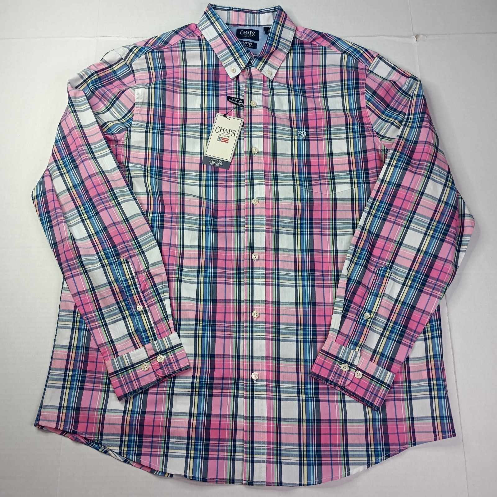 Chaps Easy Care Woven Shirt Men’s Size XL Peony Pink Plaid Stretch Classic Fit