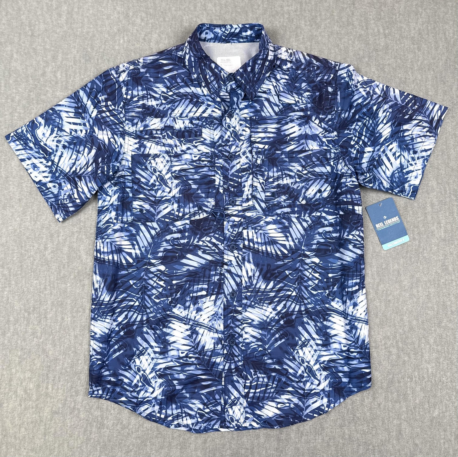 Reel Legends Saltwater II Fishing Shirt Mens S Blue Palm Print UPF 50 Vented