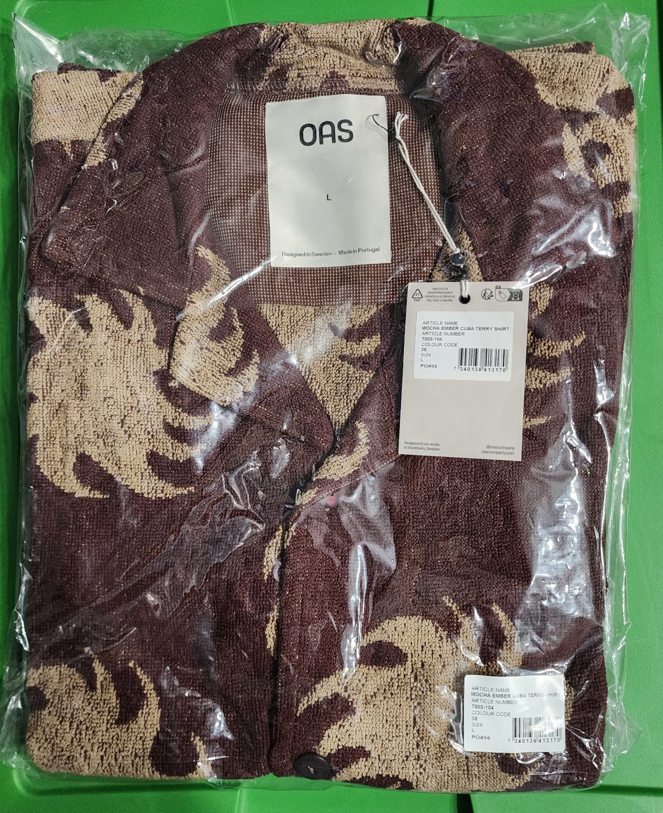 OAS Mocha Ember Cuba Terry Cloth Shirt Mens Size L Short Sleeve Button Up NIB