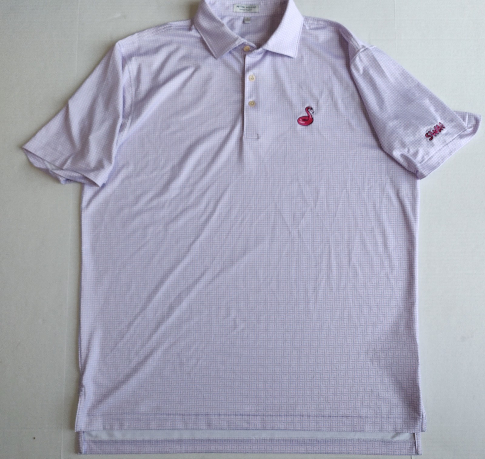 Peter Millar Summer Comfort Flamingo Polo Shirt Mens L Geometric AOP Swag Golf