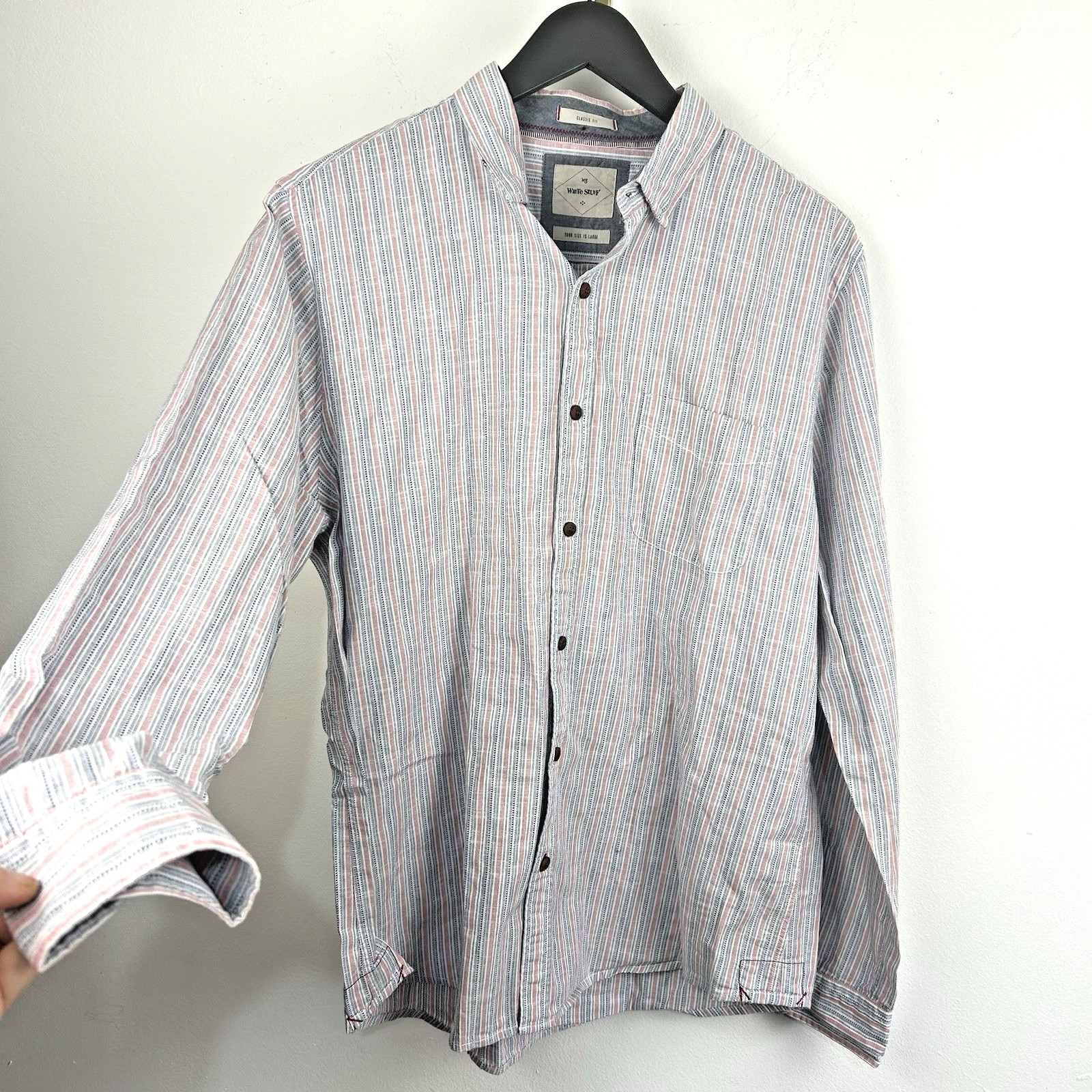 White Stuff Men’s Shirt Size L Blue Pink Striped Cotton Long Sleeve Casual