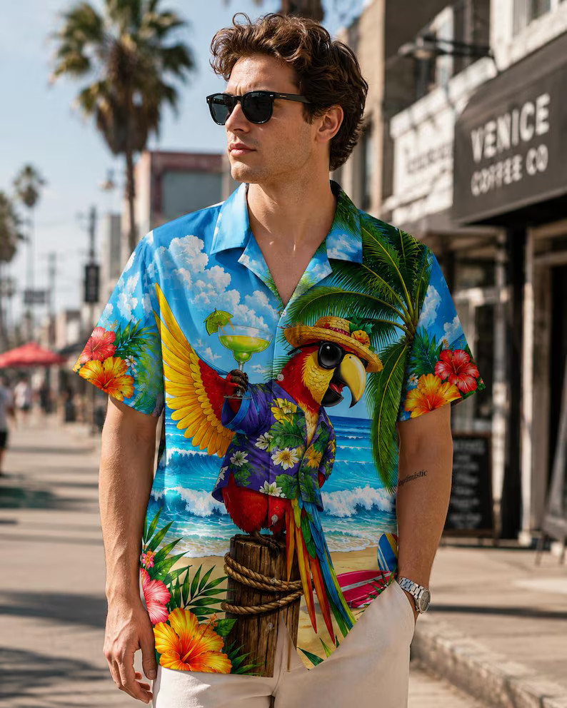 Funny Parrot Hawaiian Shirt, Tropical Beach Button Up, Summer Vacation Outfit