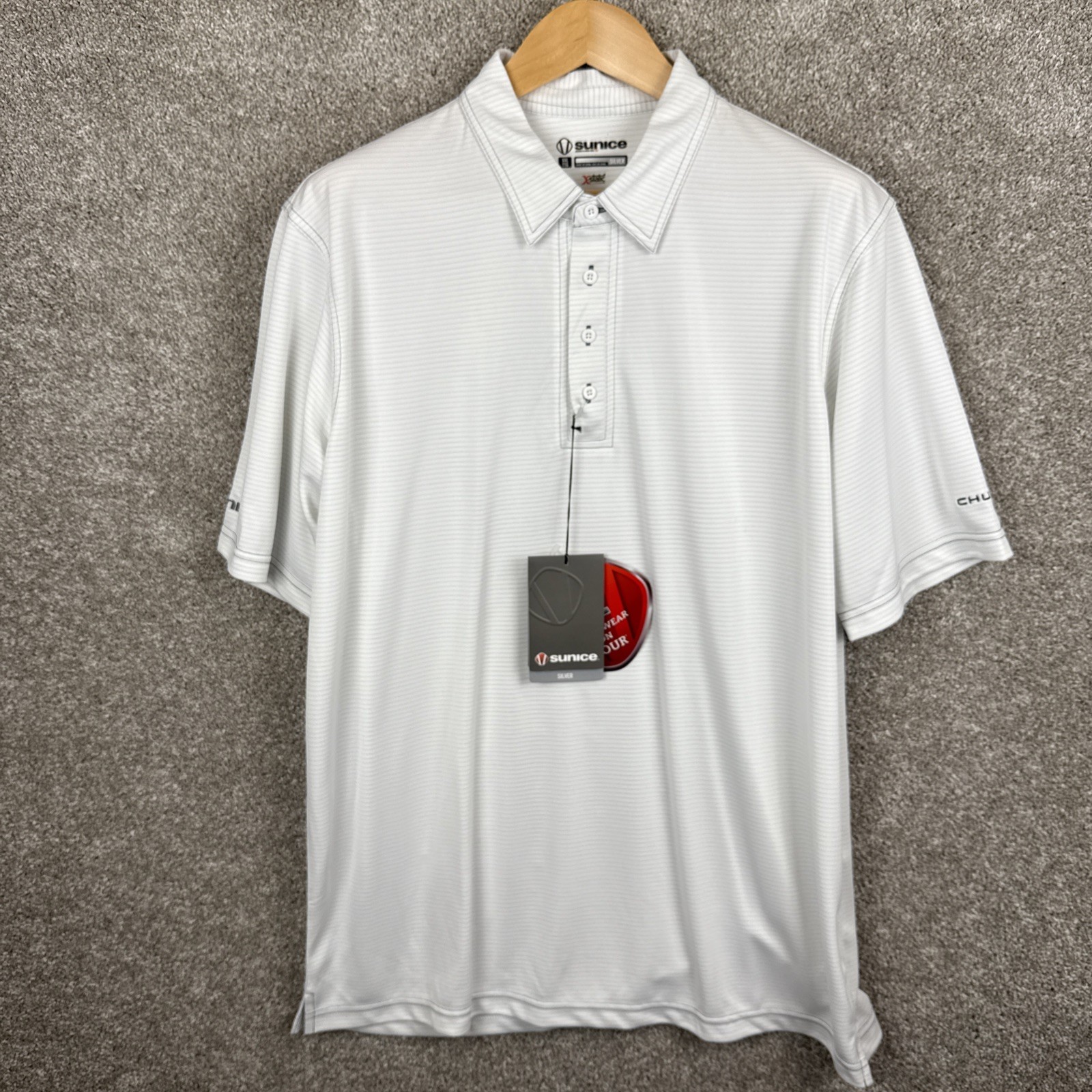 Sunice Polo Shirt Mens XXL Silver White Striped Short Sleeve Stretch Xstatic New