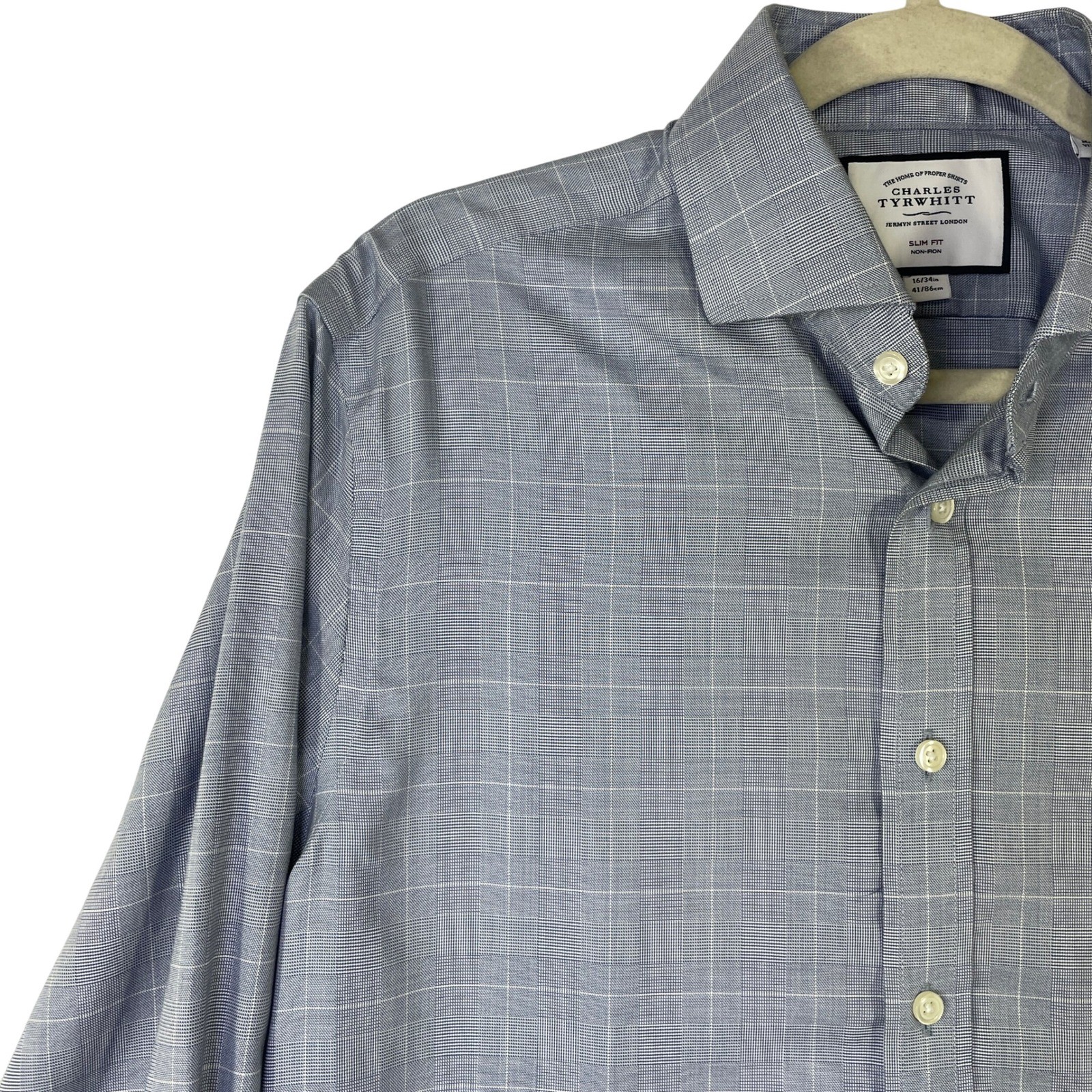 Charles Tyrwhitt Slim Fit Non-Iron Dress Shirt Blue Glen Plaid 16/34 41/86cm