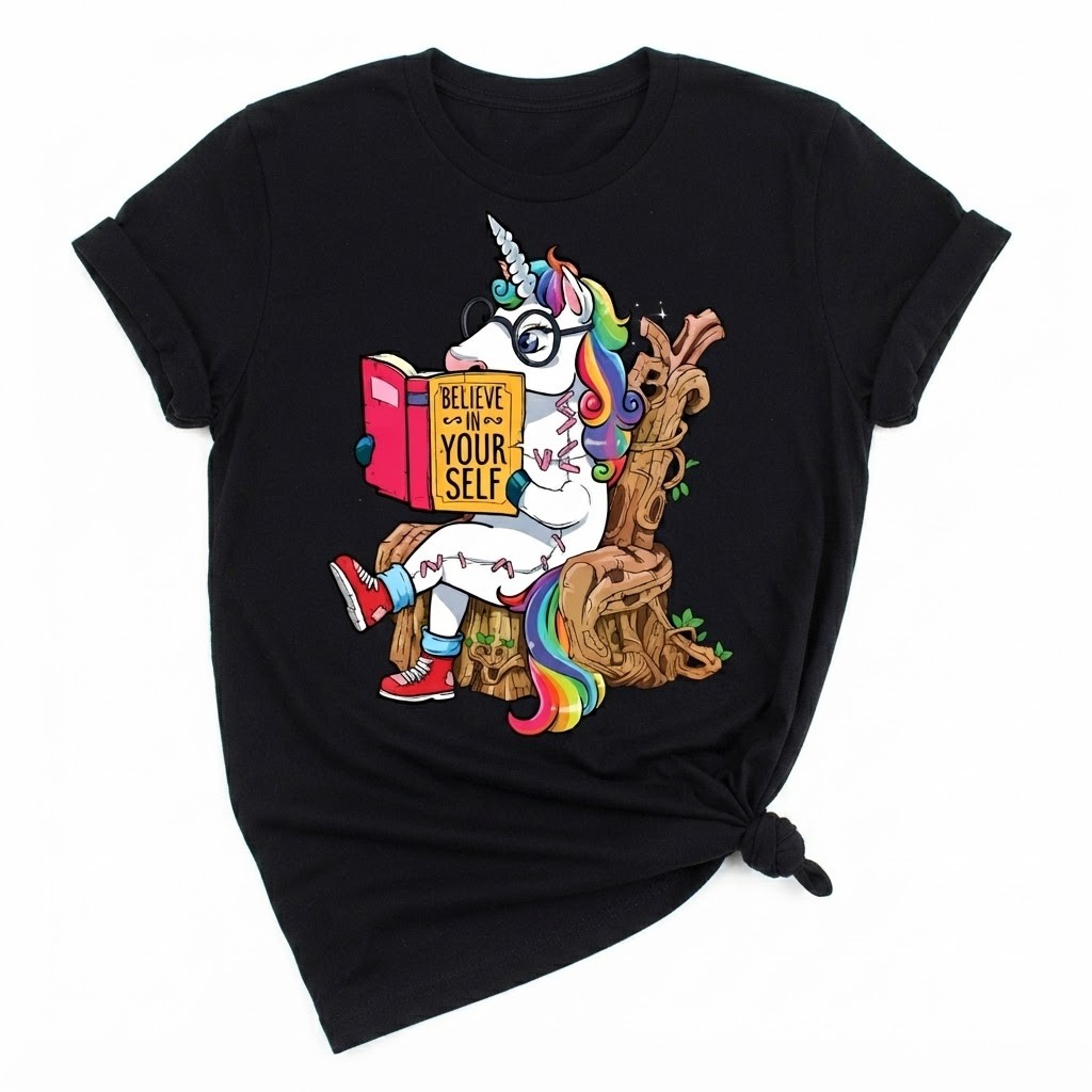 Unicorn Reading Rainbow Unicorn Black T-Shirt