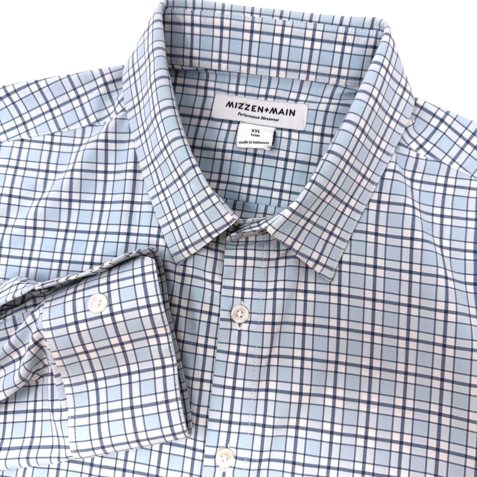 Mizzen+Main Mens XXL Trim Fit Performance Dress Shirt Blue Plaid Stretch No-Iron