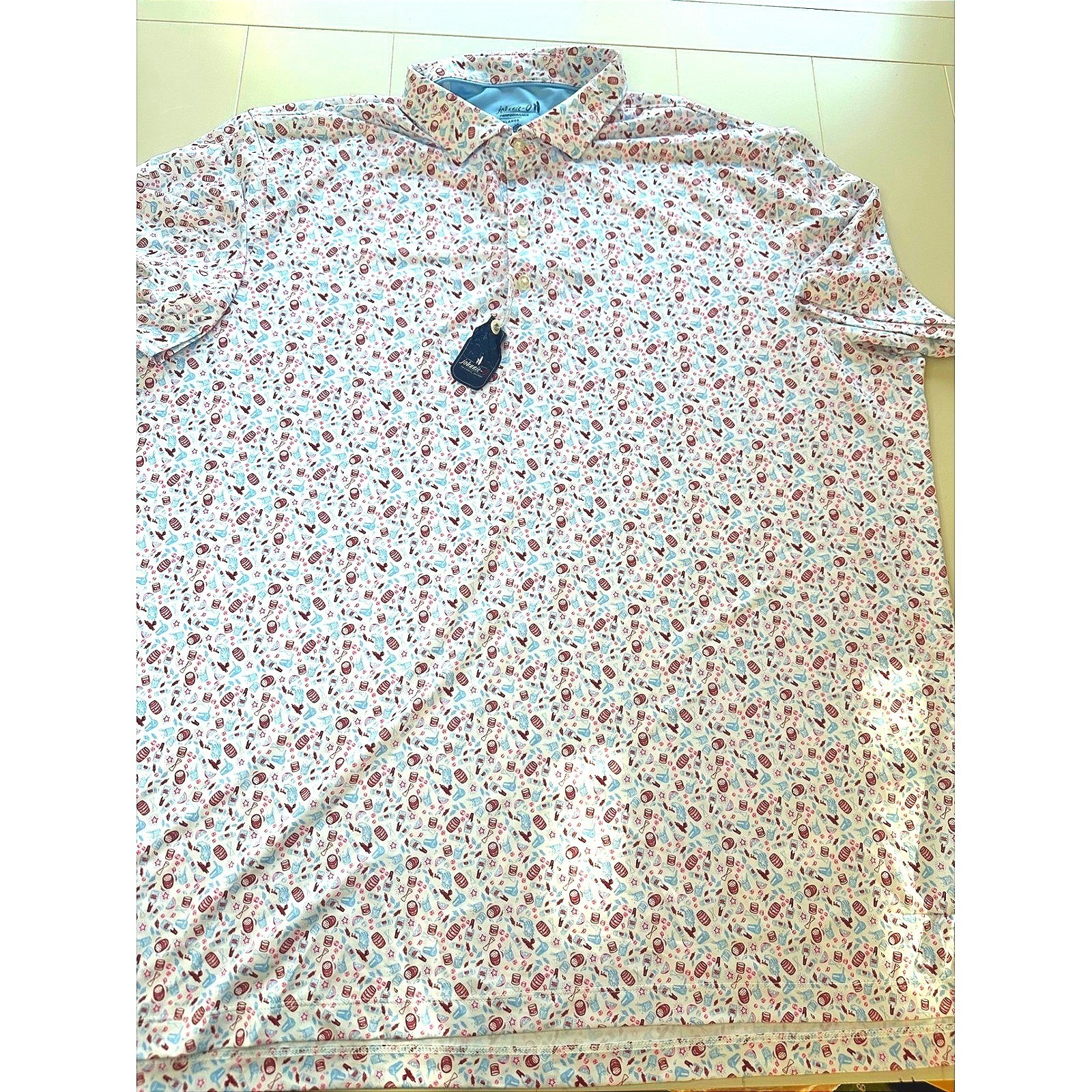 HTF johnnie-O Performance Polo XXL White Bourbon Cocktail Print UPF 50 Stretch