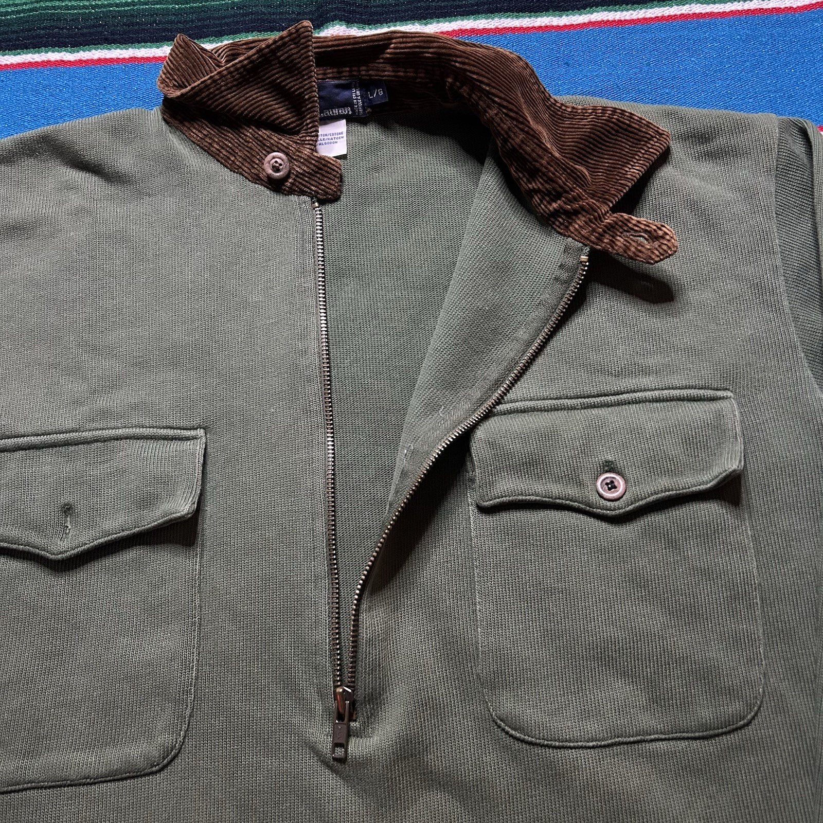 Polo Ralph Lauren 1/2 Zip Rugby Shirt Large Corduroy Collar Long Sleeve Pockets