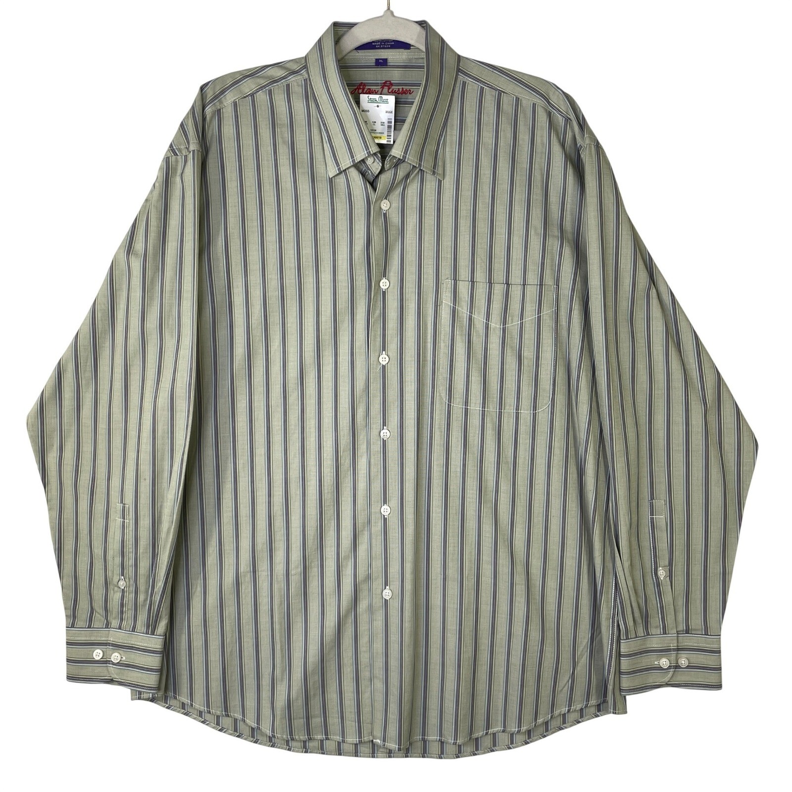 Alan Flusser Mens XL Moss Green Striped Button Down Shirt 100% Cotton NWT