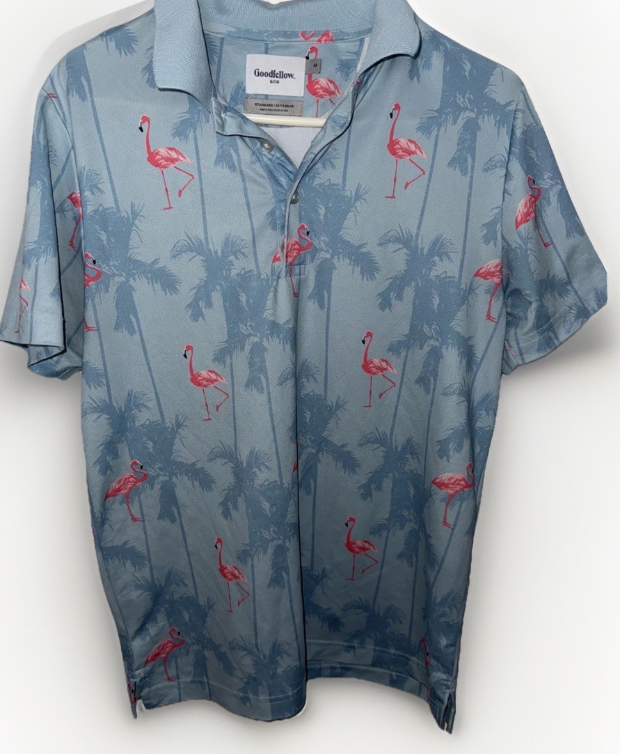 Goodfellow & Co Polo Mens Medium Light Blue Pink Flamingo Standard Men’s Size