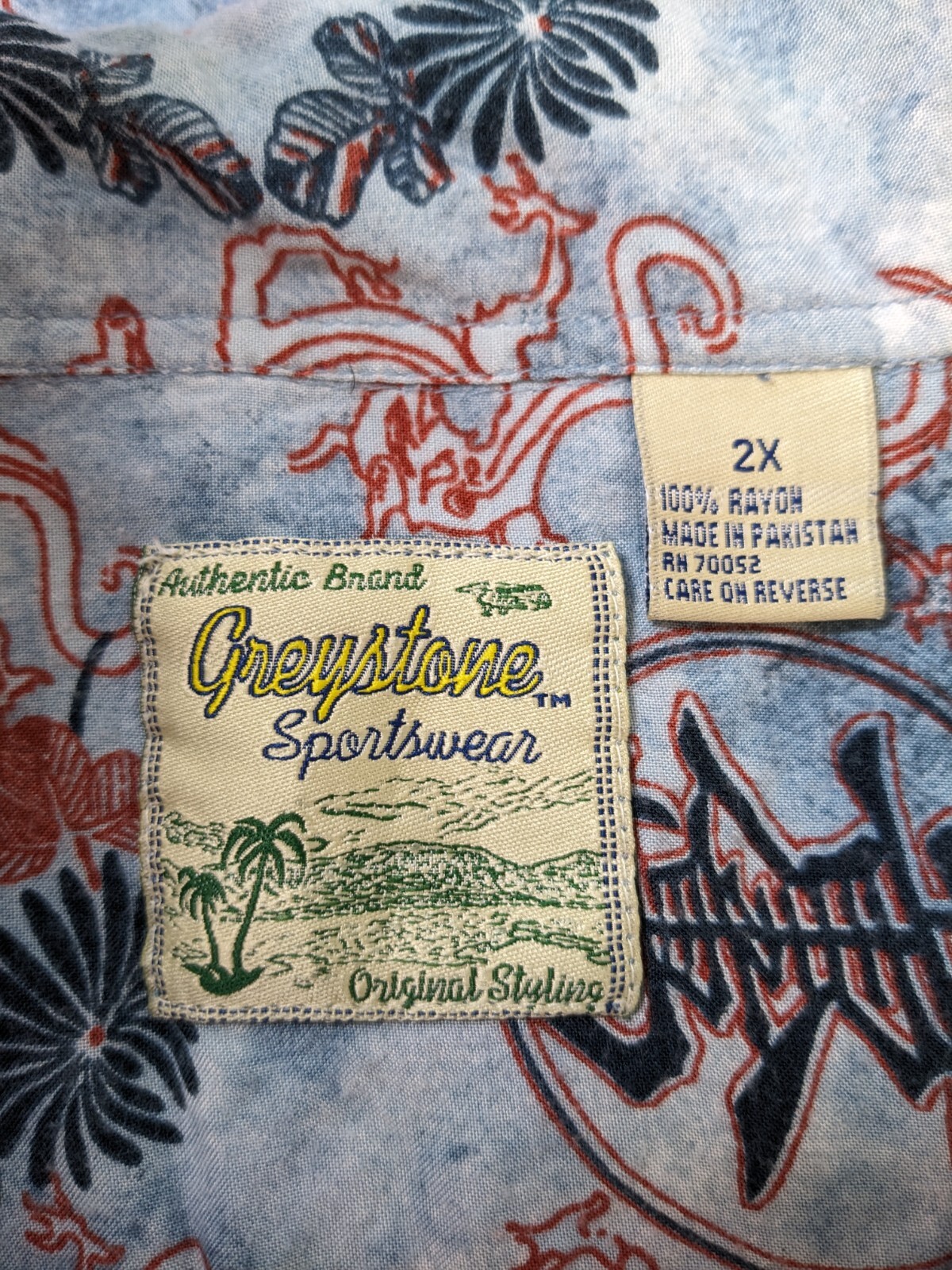 Greystone Sportswear Shirt Mens 2X Blue Red Asian Dragon Print Short Sleeve Camp