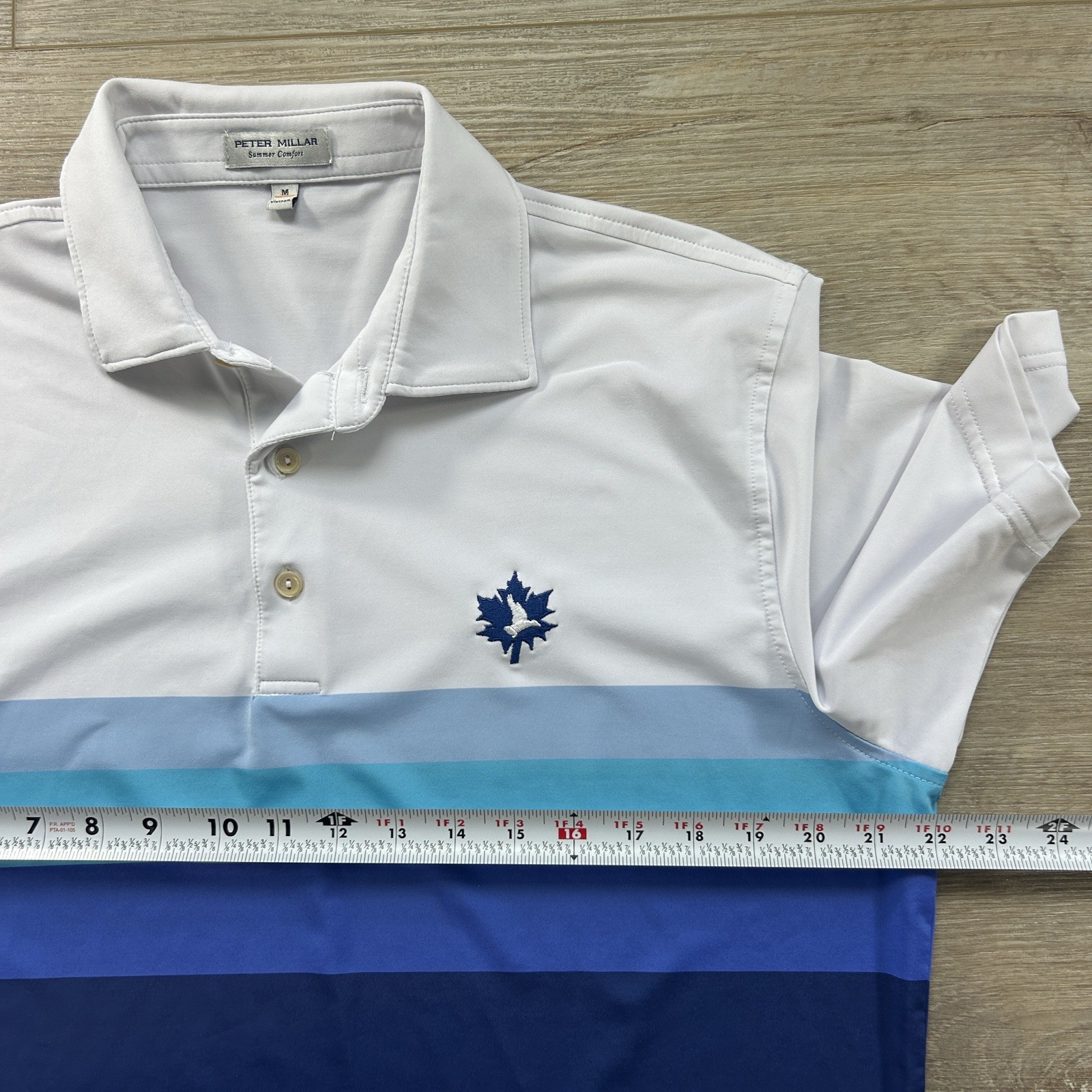 Peter Millar Summer Comfort Medium Blue Ombré Striped Golf Polo Canada Log