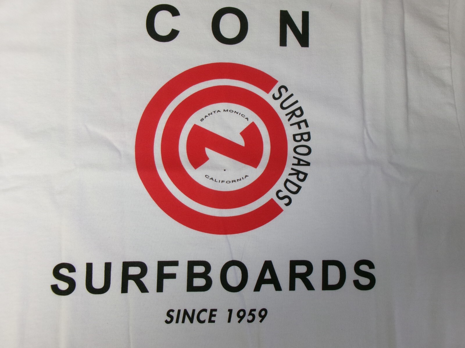 CON SURFBOARDS SANTA MONICA, CALIFORNIA SINCE1959 CLOSE OUT SALE T-SHIRT. NEW!