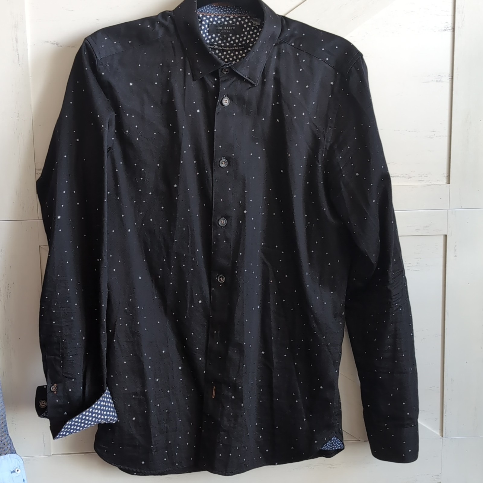 Ted Baker Black Geometric Slim Fit Cotton Dress Shirt Size 3 Long Sleeve