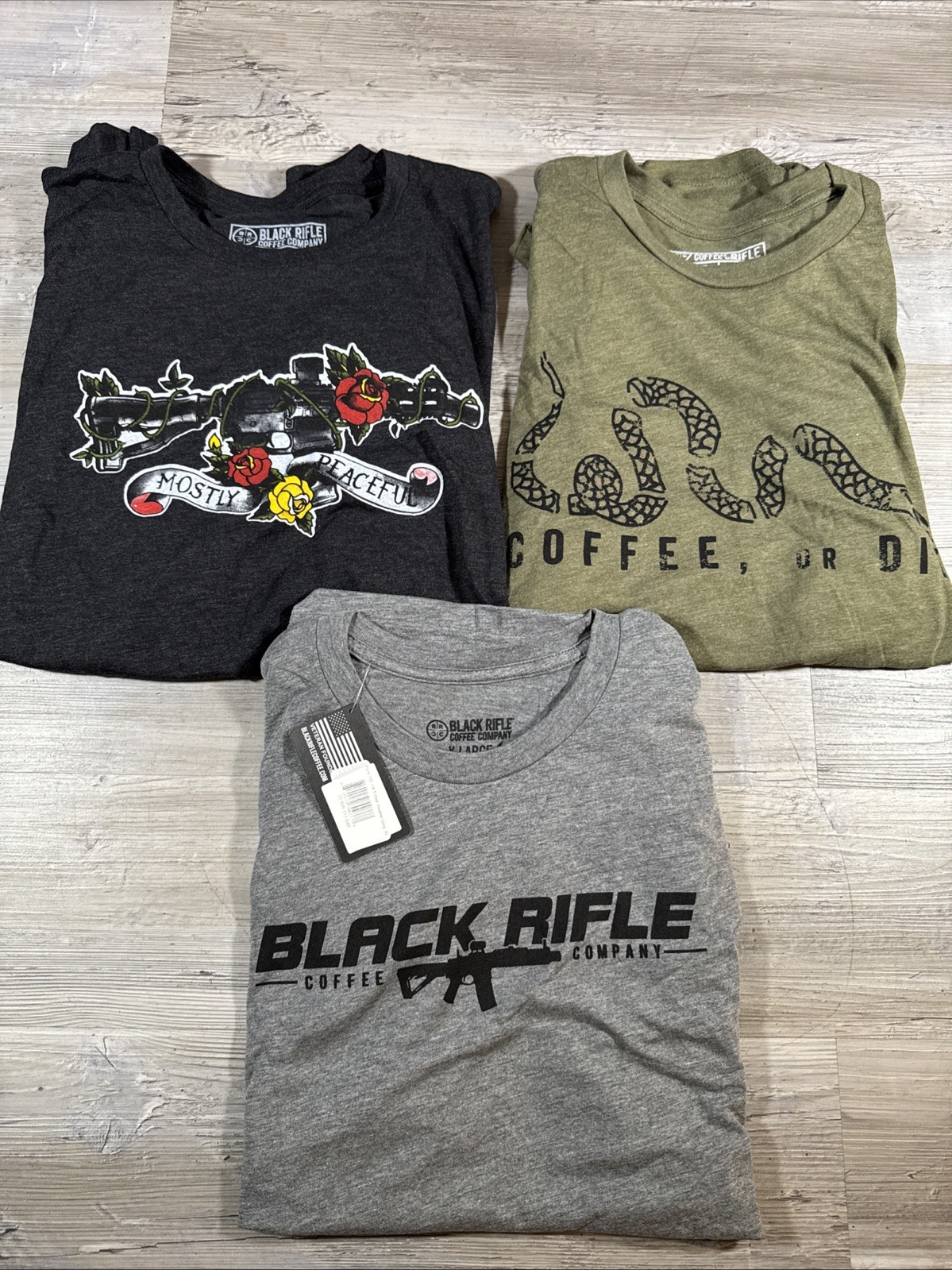 Lot Of 3 Black Rifle Coffee T Shirt Mostly Peaceful Coffee Or Die AR Grey SZ XL