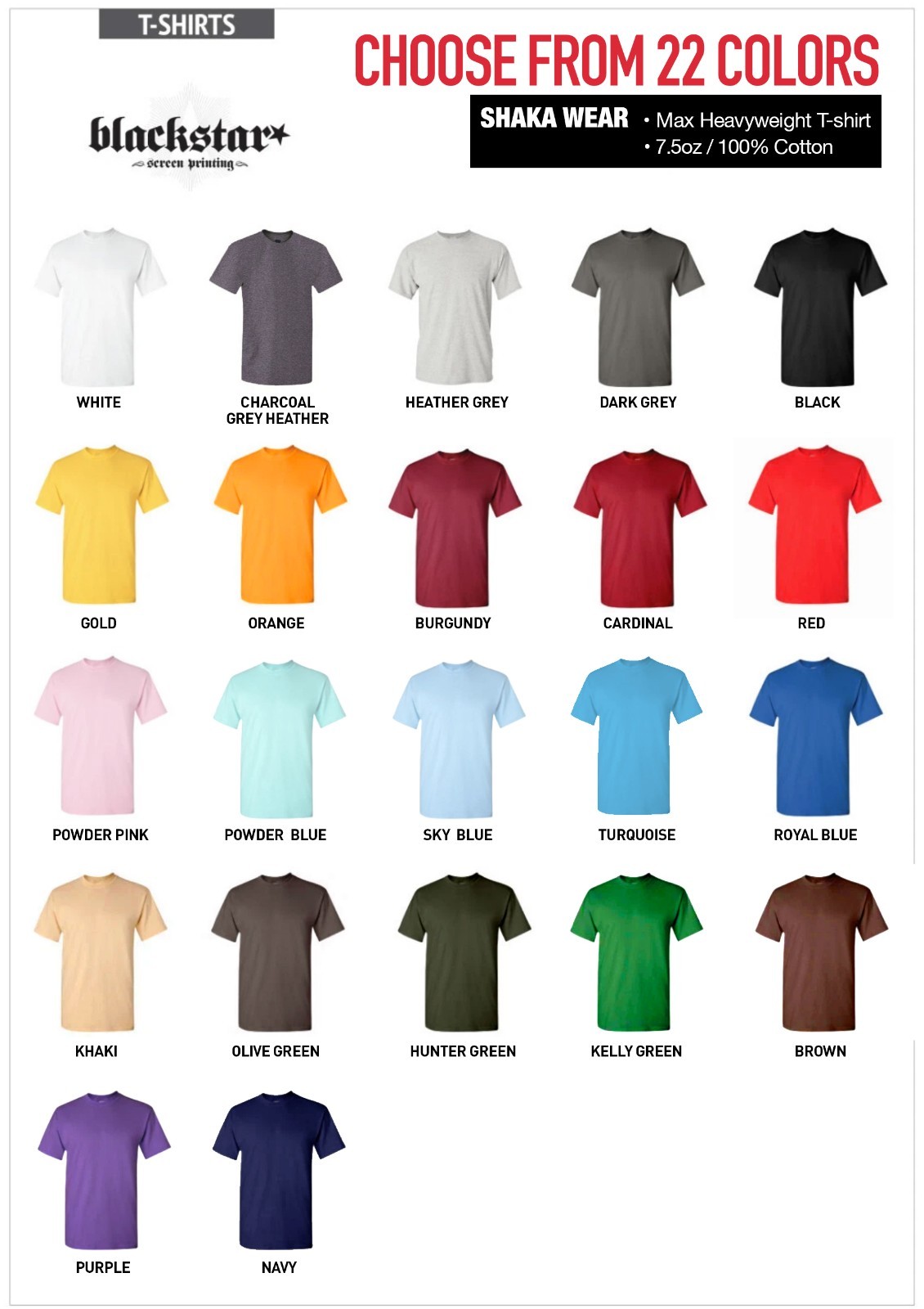 SHAKA WEAR MAX HEAVYWEIGHT 24 T-SHIRTS CUSTOM SCREEN PRINTING 1-COLOR PRINT