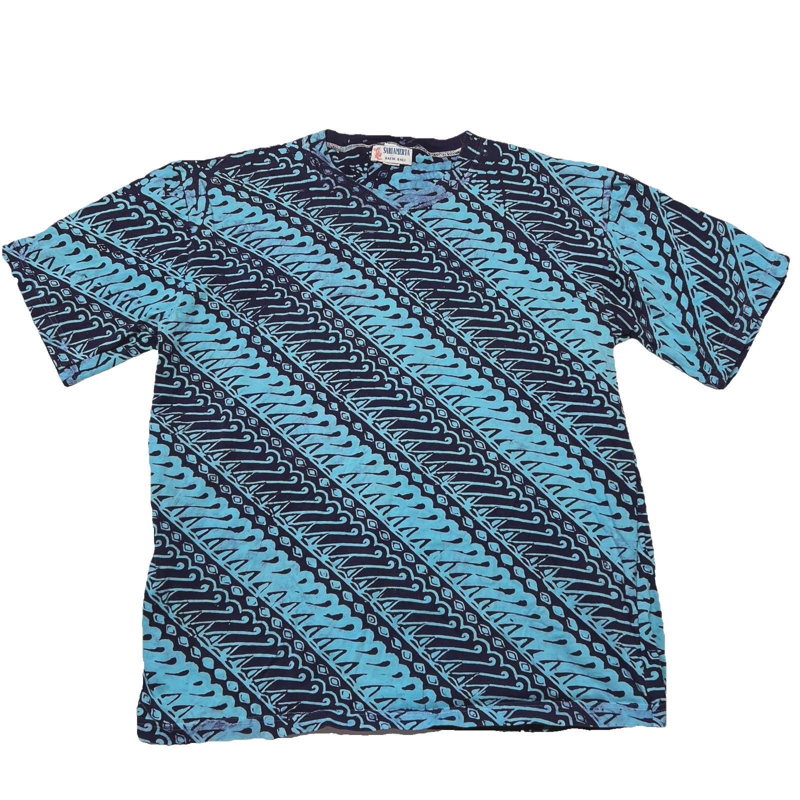 Sari Amerta Batik Bali Men’s Cotton T-shirt Blue Wave Like No Size Around Large