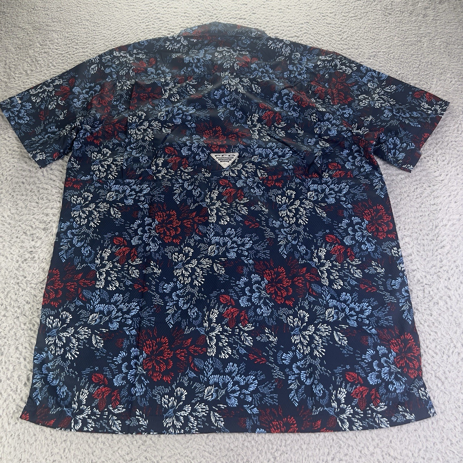 Columbia PFG Super Slack Tide Camp Shirt Mens Small Blue Printed Fishing Vented