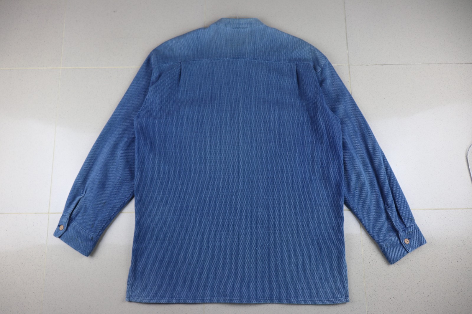 Vintage Japanese Indigo Sashiko Shirt Mandarin Collar Made in Japan Cotton Sz L