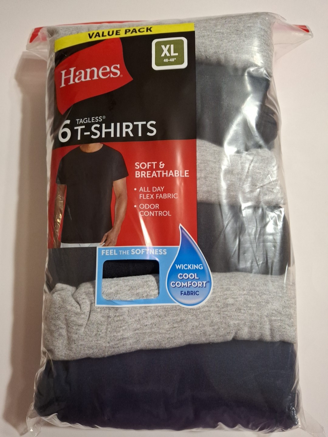 Hanes 6 Pack Mens T-Shirts Crew Neck Cool Comfort Size XL Value Pack Tagless NEW