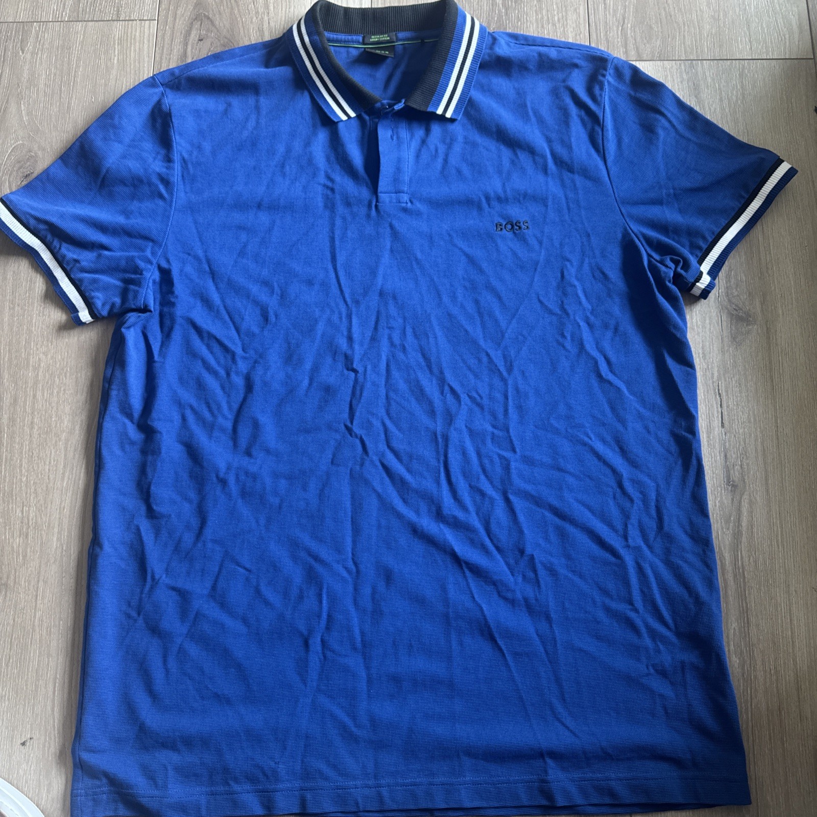 Hugo Boss Men’s Paddy Cotton Polo Shirt Sz XL Modern Fit Blue Pique Stripe Trim
