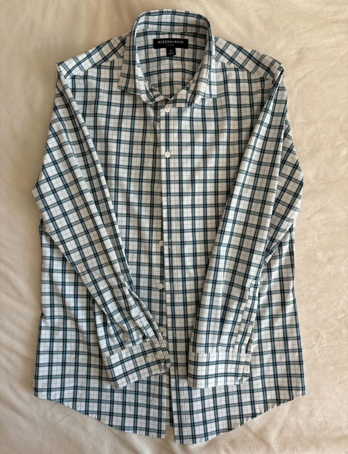 Mizzen+Main Men’s M White Blue Green Plaid Long Sleeve Leeward Trim Stretch