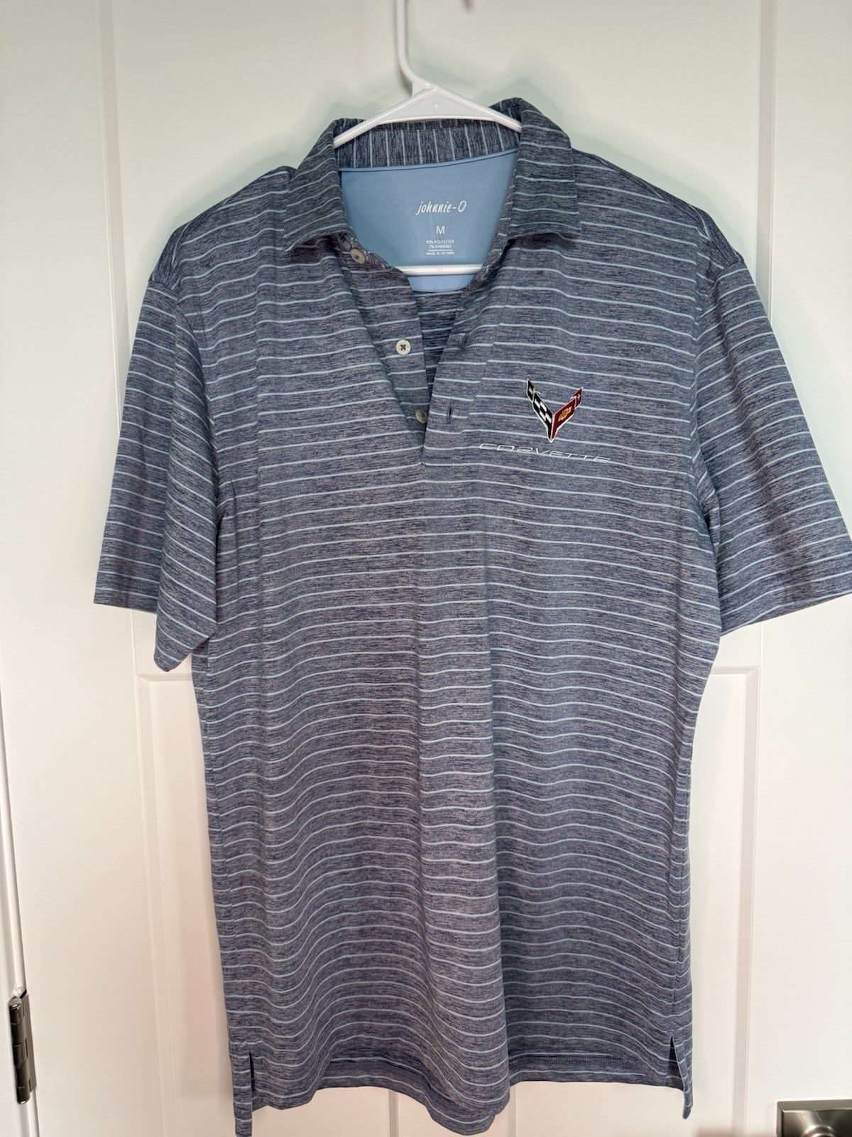 RARE johnnie-O Men’s Corvette Logo Striped Golf Polo Shirt Blue/White M
