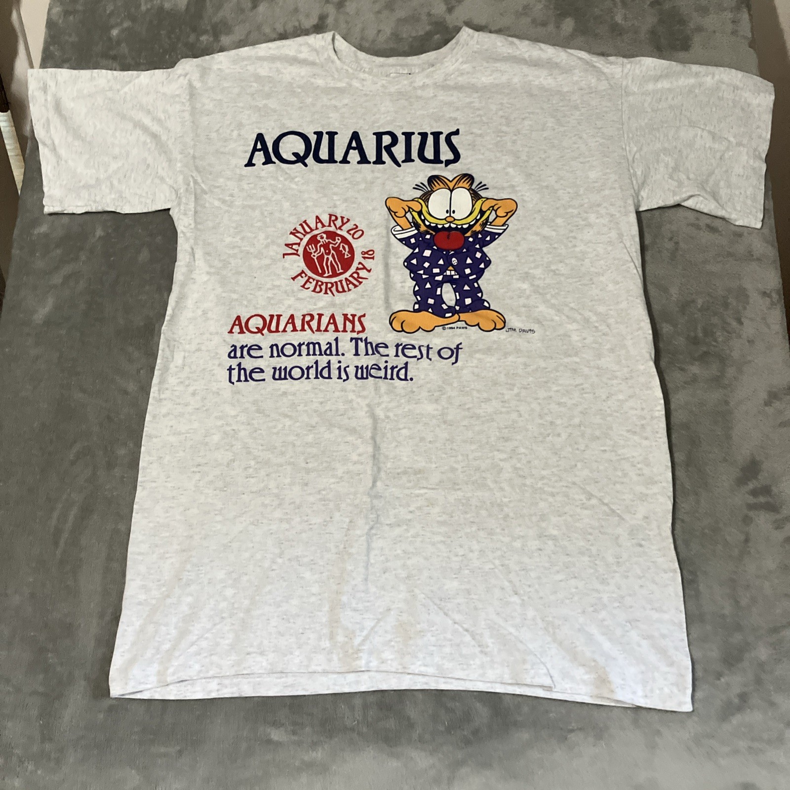 Garfield Aquarius Zodiac Bed T-Shirt One Size 1994 PAWS Gray Vintage Made In USA