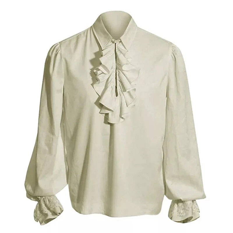 Mens Gothic Long Puff Sleeves Blouse Victorian Medieval Ruffle Collar Shirt Tops