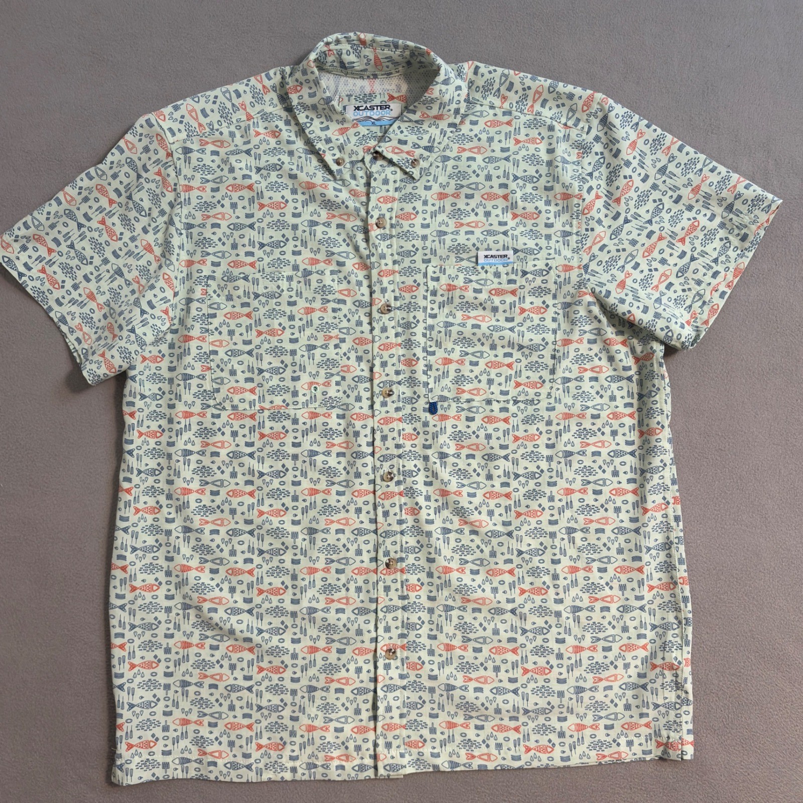 XCASTER Outdoor Fishing Performance Shirt XL Fish Print Button Up Short Sleeve