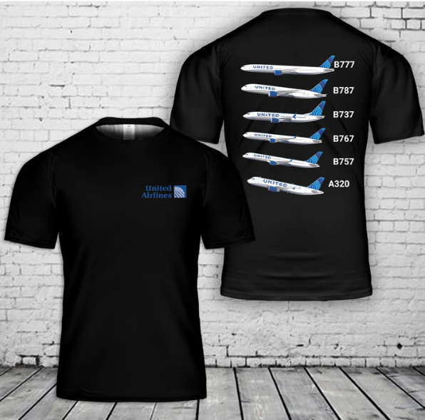 United Airlines Fleet 3D T-Shirt Size Us