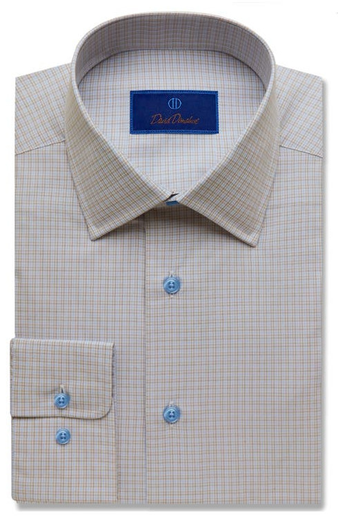David Donahue Regular Fit Fine Check Tan Dress Shirt -size 17 36/37- retail $155