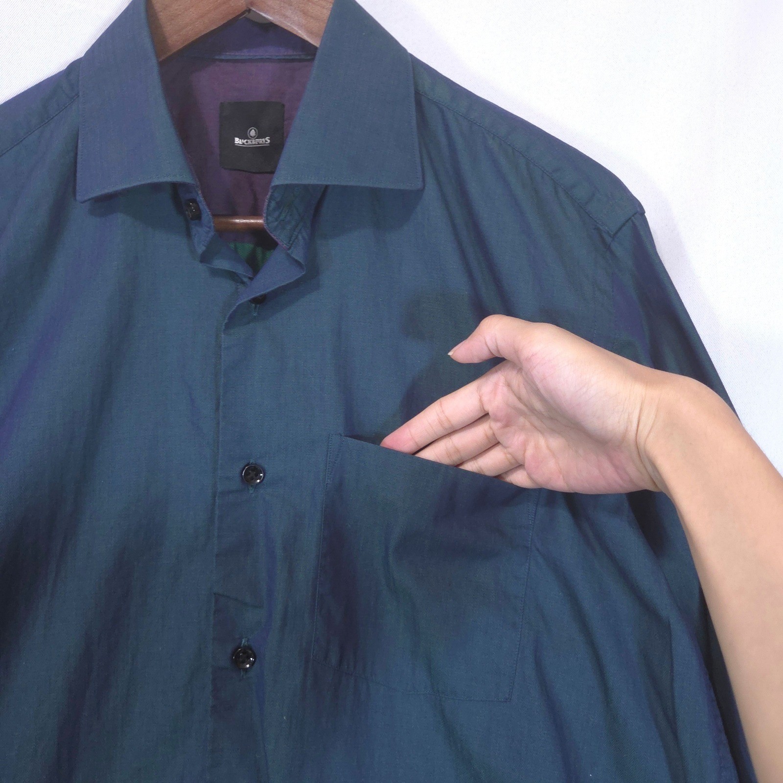 Blackberrys Iridescent Deep Teal Mens Shirt 40 L Cotton Button Down Knot Preppy