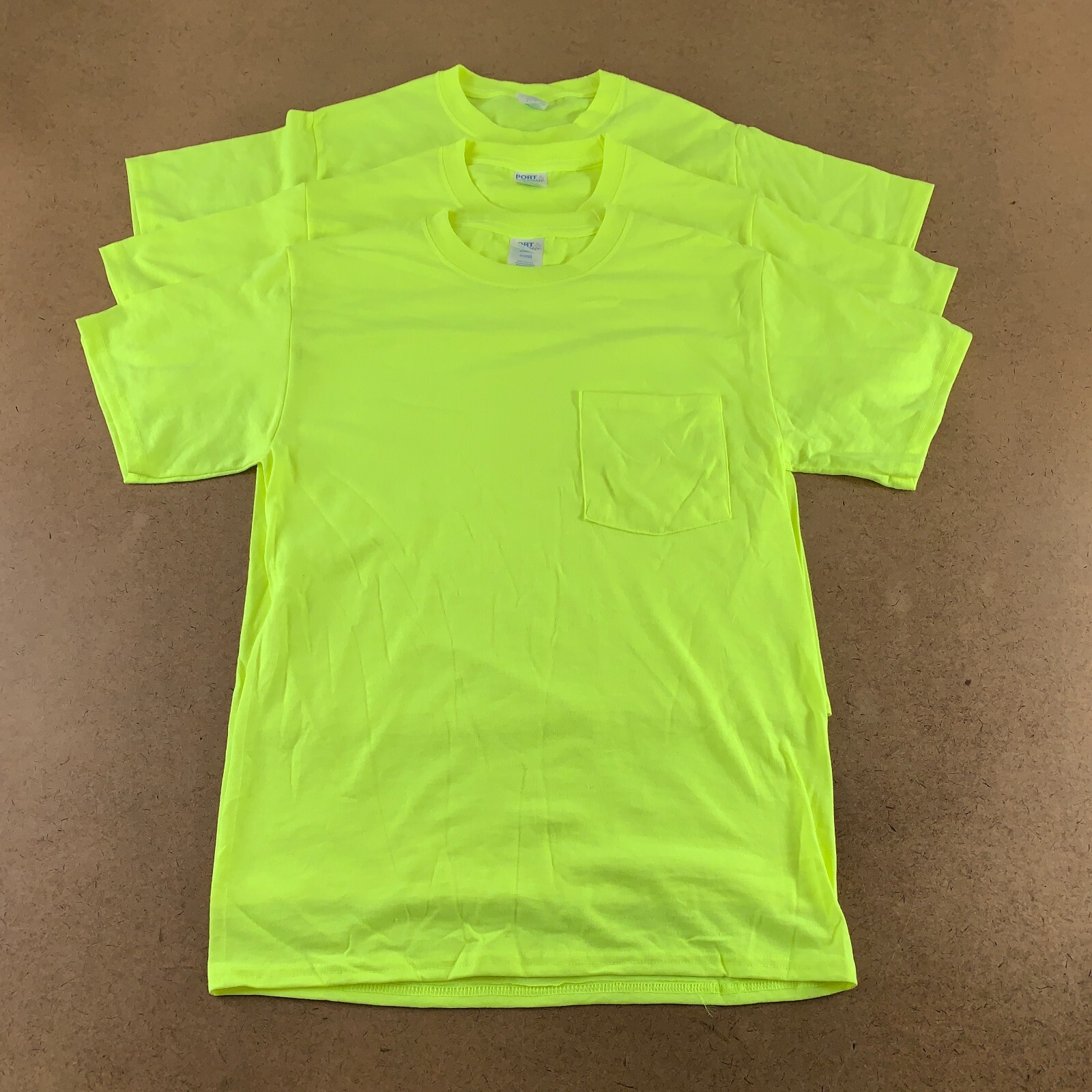 Lot of 3 Port & Company Men’s Small High Viz Yellow Short Sleeve Pocket T-Shirts