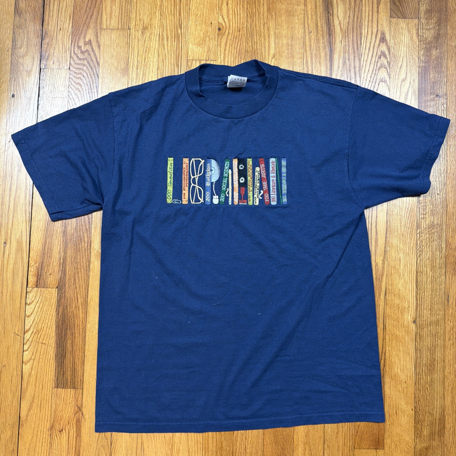 Vintage 90s Fruit Of The Loom T Shirt Mens L Blue Embroidered Library Graphic