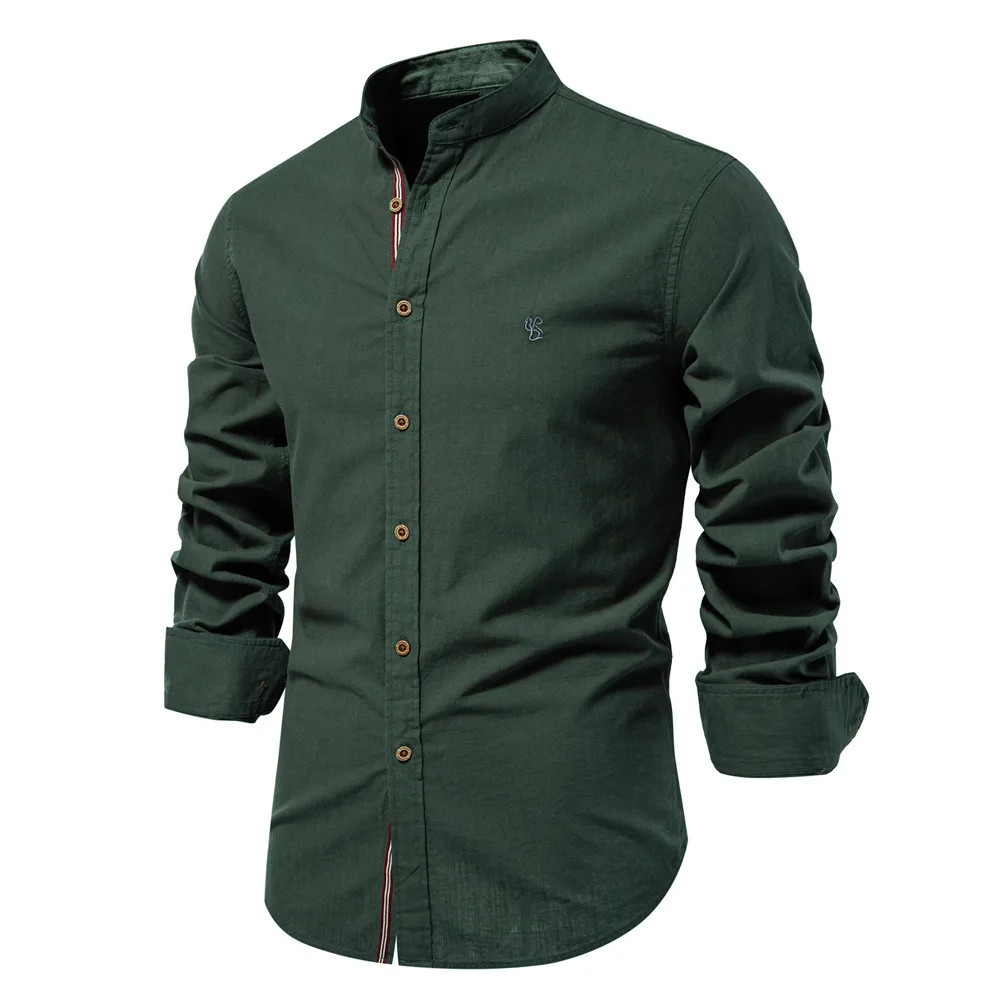 Camisa de Lino 100% Algodón para Hombre Color Sólido Bordado Manga Larga
