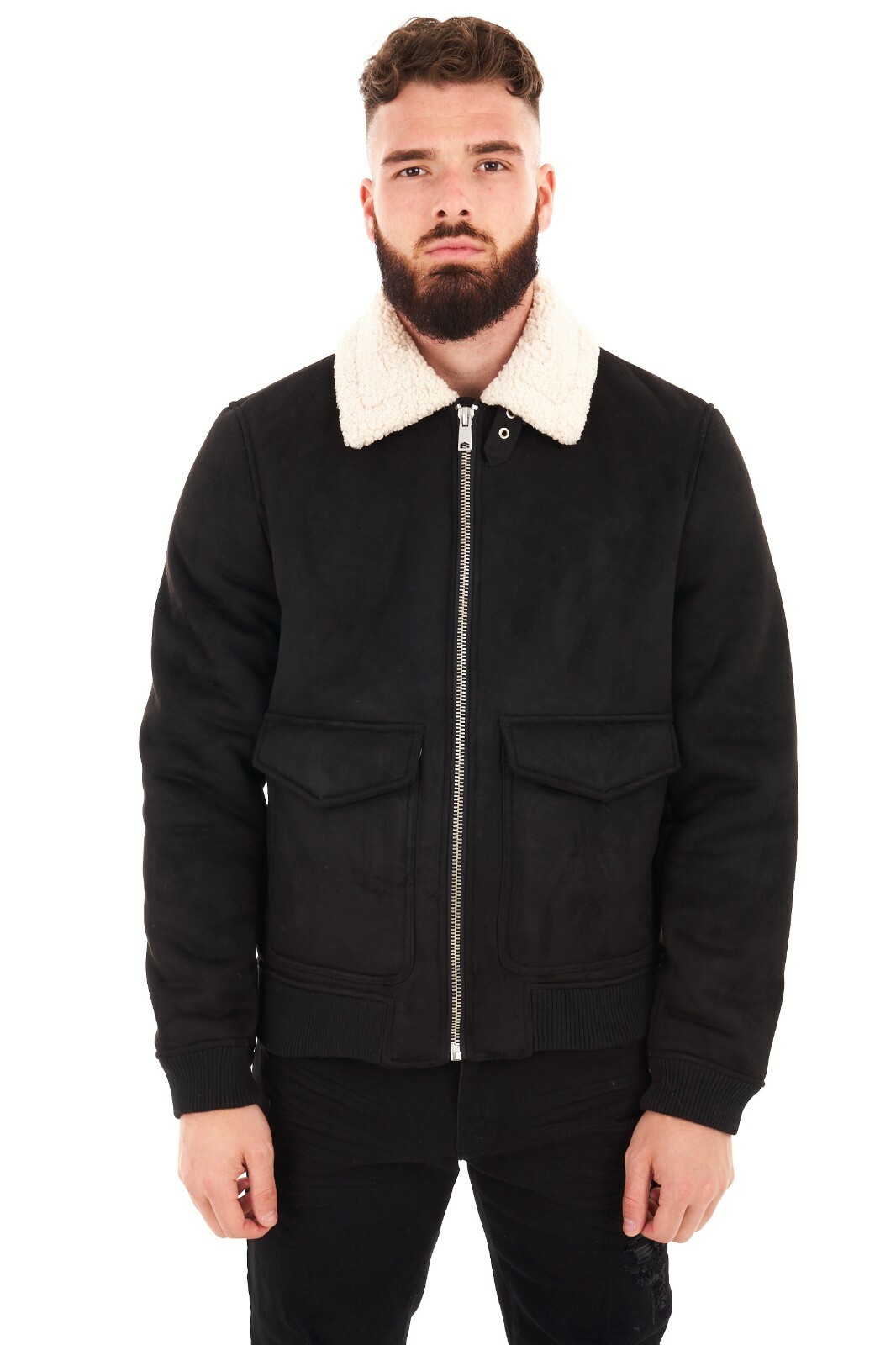 Pierre Cardin Mens Sherpa Fleece Lined Jacket Faux Suede Borg Aviator Coat Tops