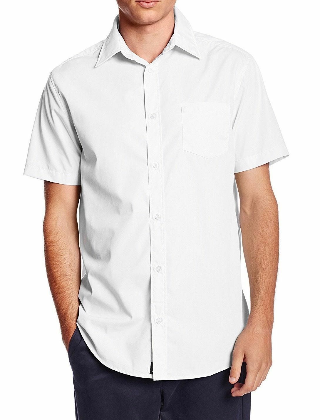 vkwear Men’s Classic Button Up Curved Hem Short Sleeve Solid Dress Shirt White