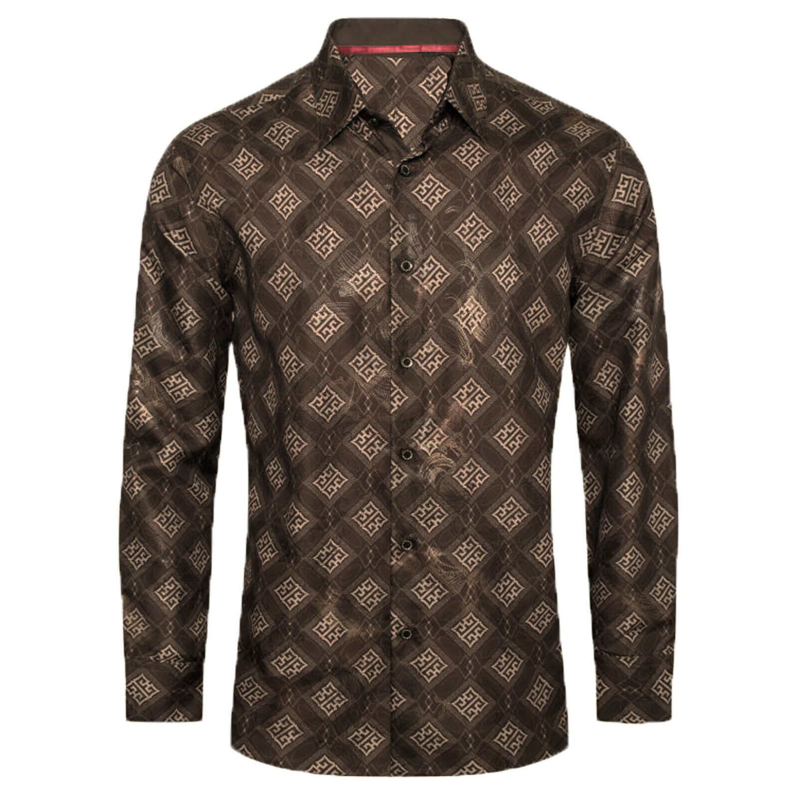 Mens Shirt Luxury Fashion Prints Gold Paisley Overlay Stretch Slim Fit Button Up