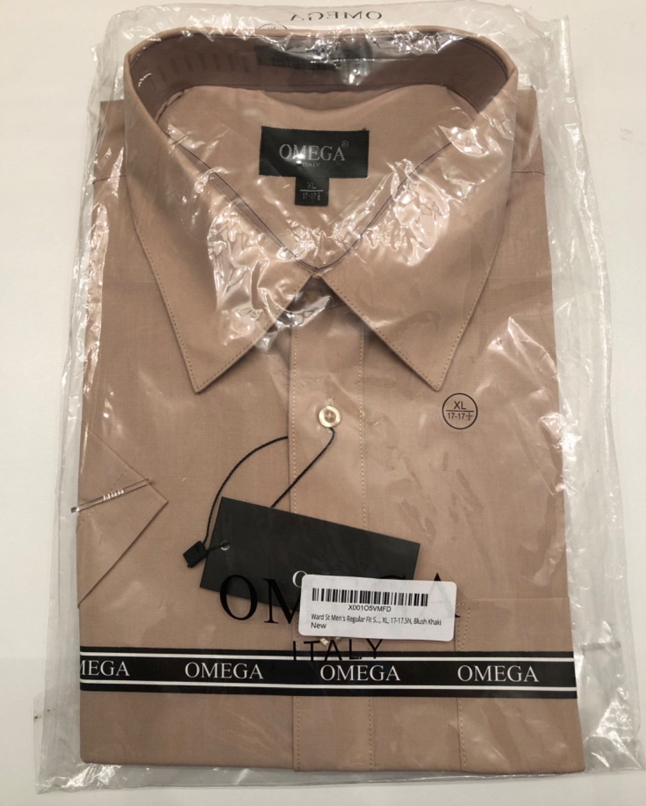 Omega Italy Men’s Regular Fit Short Sleeve Blush Khaki Shirt – Size XL – 17-17.5