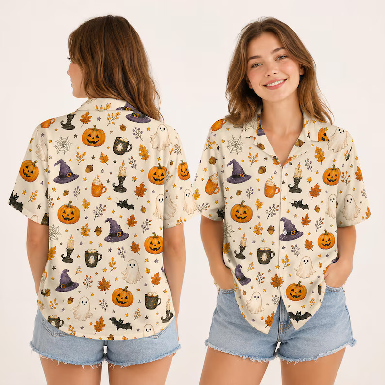Cute Halloween Hawaiian Shirt, Spooky Fall Aloha Shirt With Pumpkin Ghost Witch
