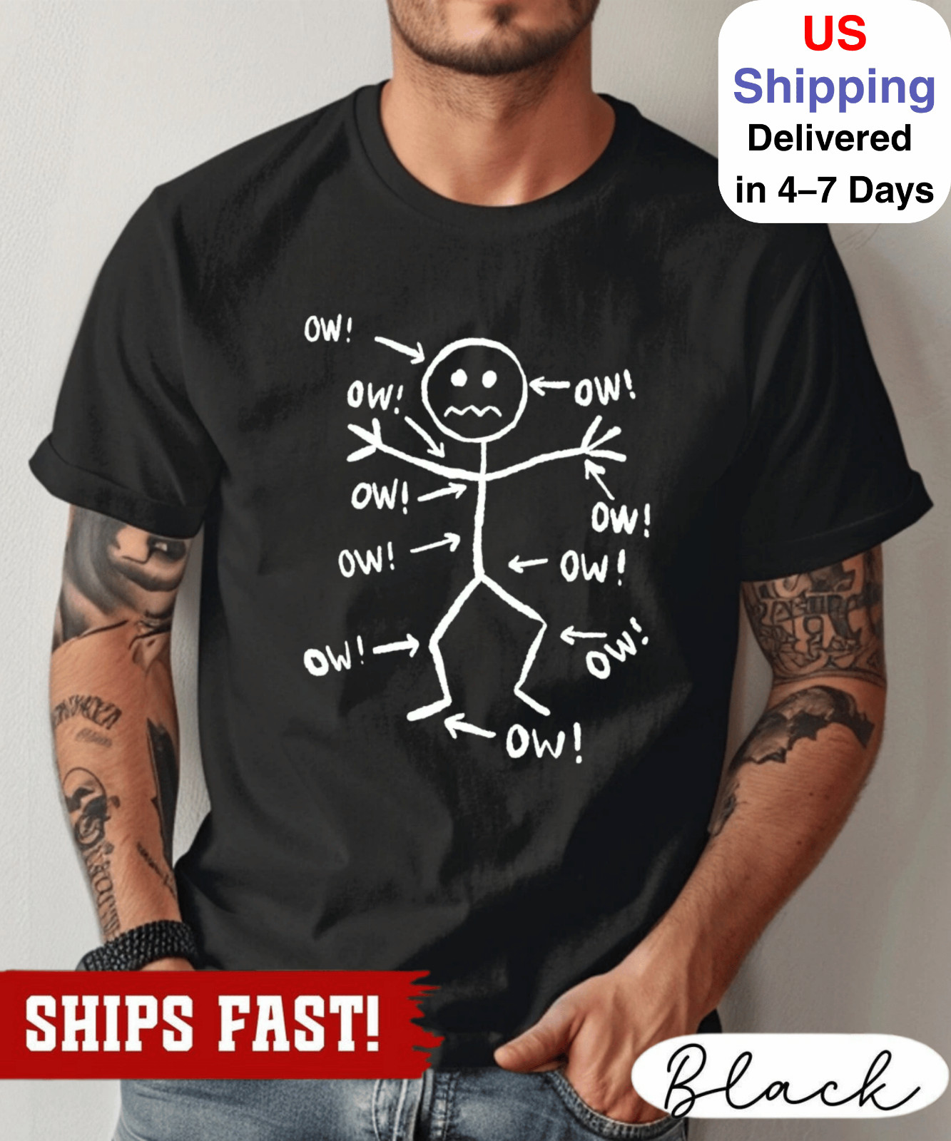 Funny OW Shirt, Relatable Pain Meme Tee, Minimalist Stick Figure Humor Shirt, Sa