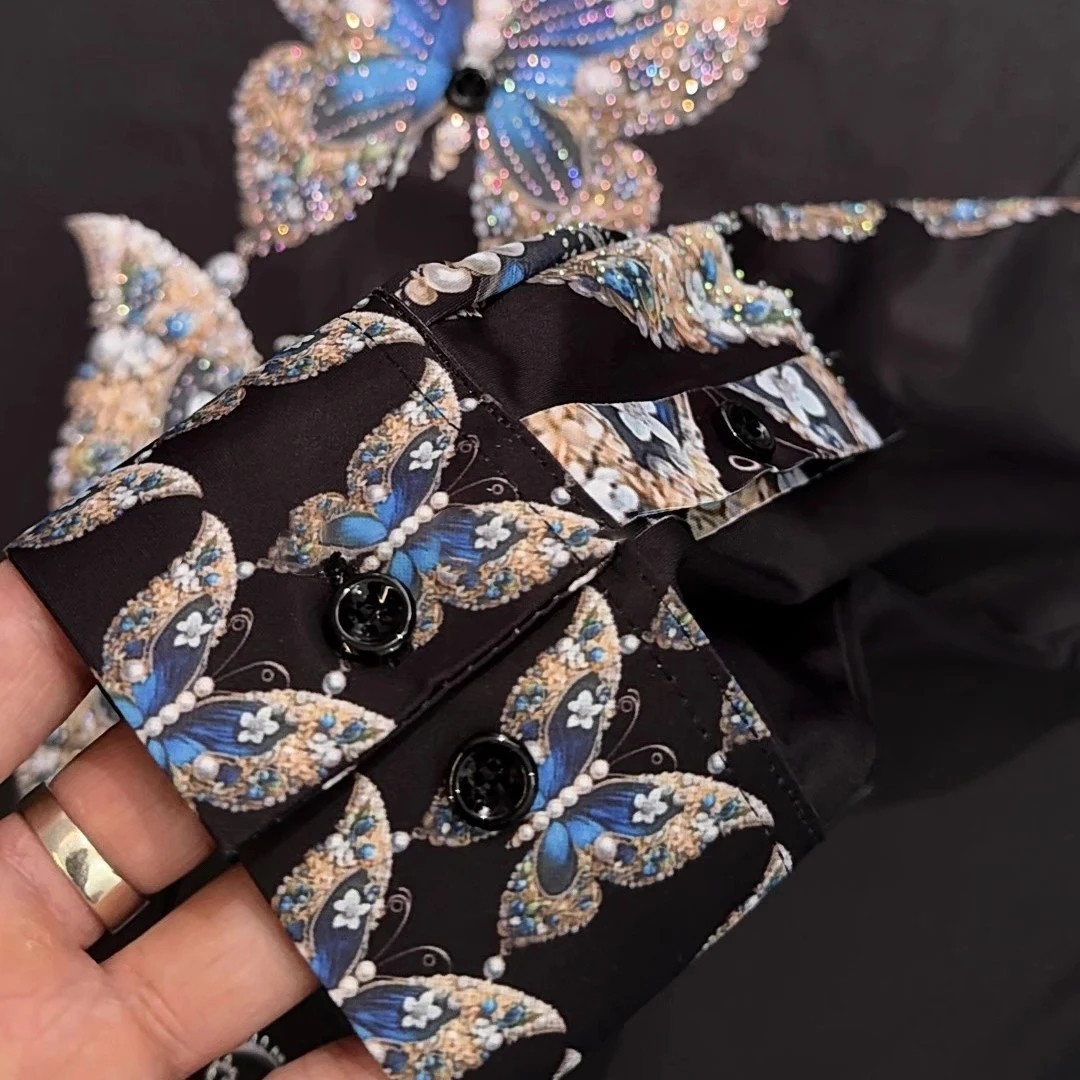 New Luxury Men Diamond Butterfly Rhinestones Button-Down Shirt High Quality