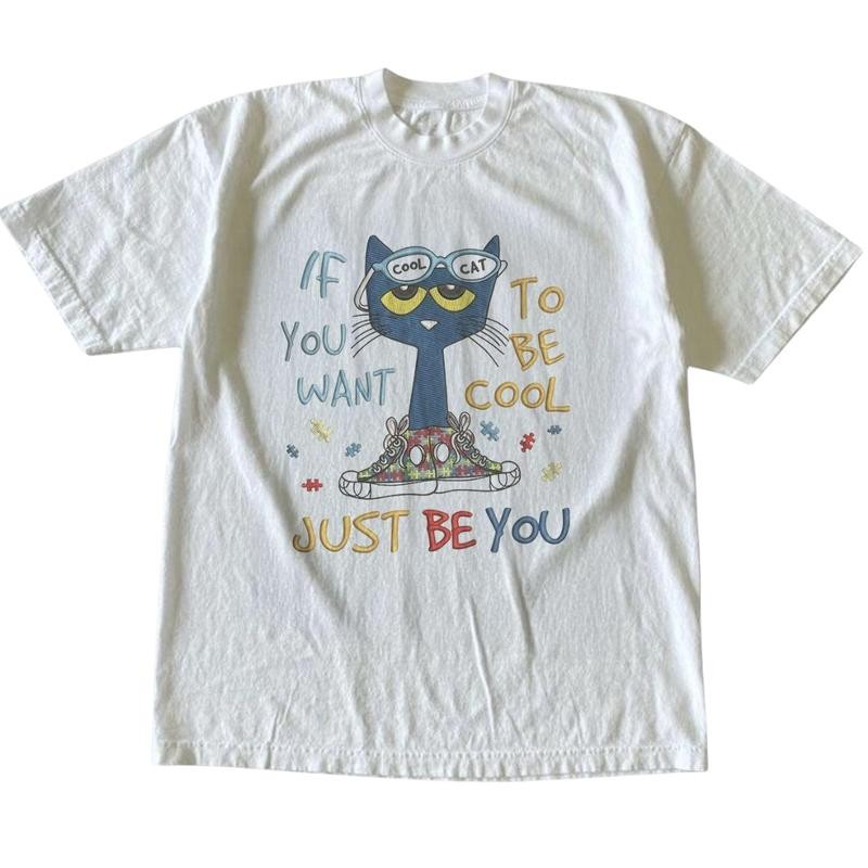 Pete Cat Be Yourself Cool Y2K Grunge Vintage Unisex Cartoon Streetwear Gift Tee